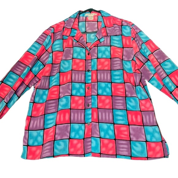 Notations Womens Size XL Colorful Checkered Blouse Button Collared Purple Pink - Picture 2 of 9